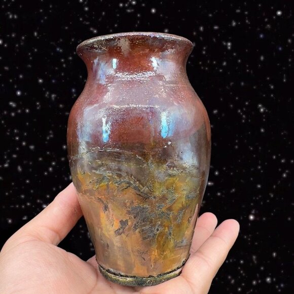 Vintage Raku Studio Art Pottery Vase Iridescent Glaze Hand Made Vessel Signed 5” - Picture 1 of 16